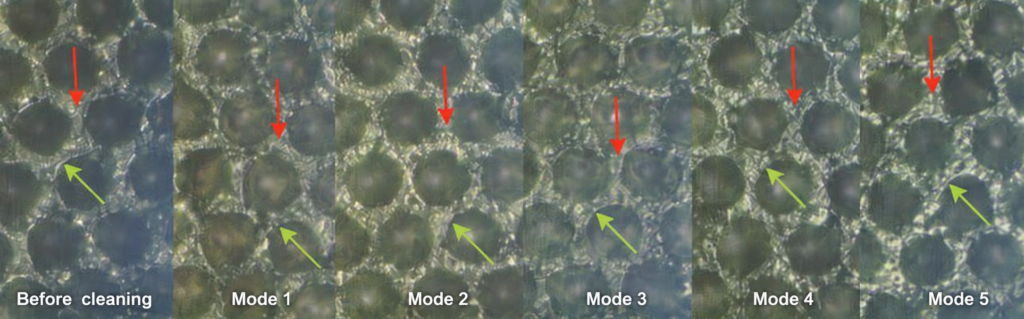Six photographs of the roll after cleaning in different modes